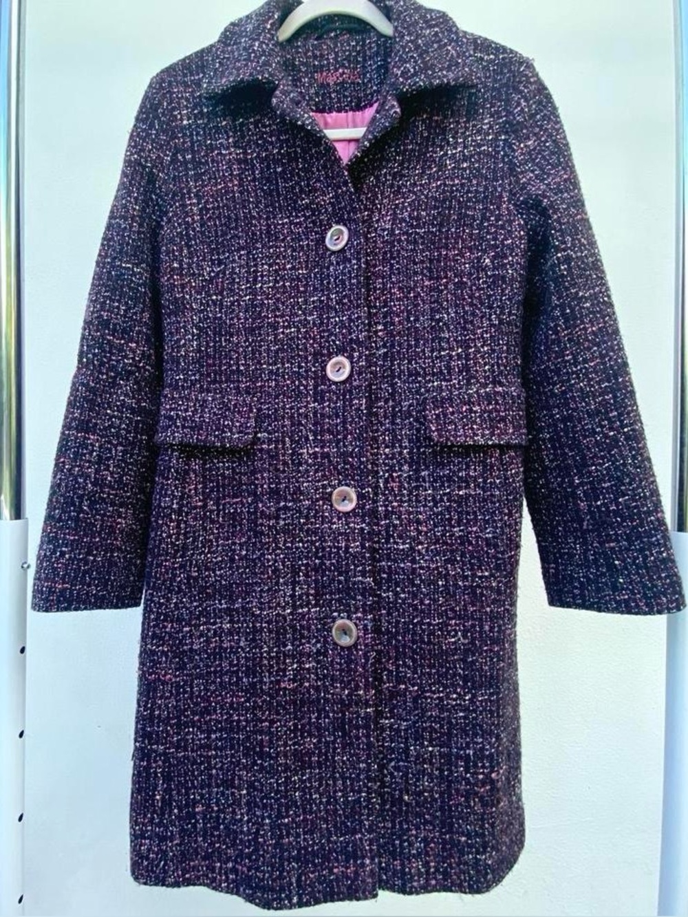 Y2K EURO Purple & Pink Tweed Single Breasted Wool Blend Coat Size 42 Medium